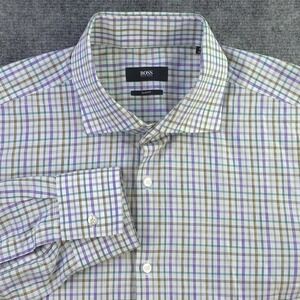 Hugo Boss Dress Shirt 16.5 42 Slim Fit Purple Check Spread Collar Cotton